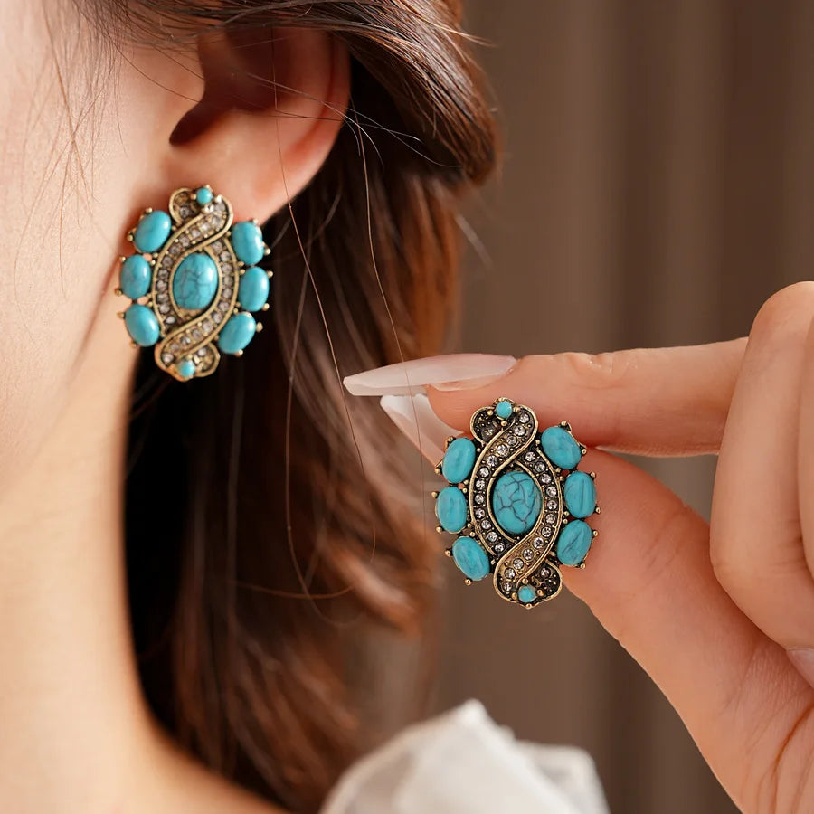 1/2 Pcs Vintage Cross Blue Oval Pendant Neckalces Women Mediaeval High-End Dangle Earrings Statement Banquet Jewelry Sets N