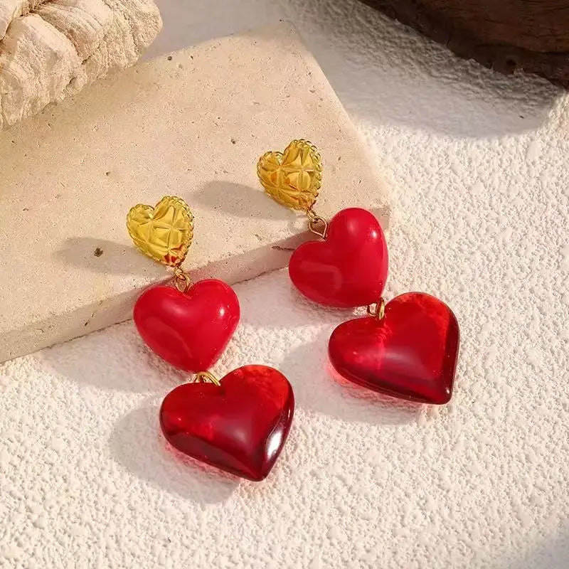 EILIECK 1pair New Stainless Steel Elegant Red Heart-Shaped Pendant Earrings For Women Fashion Ear Stud Waterproof Jewelry Gift
