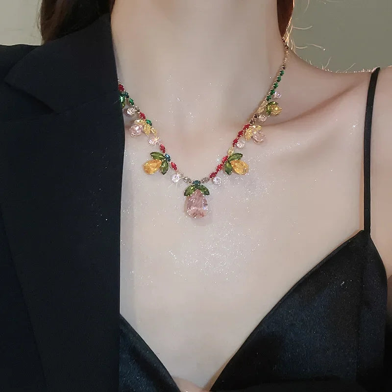 2 Pcs Color-block Water Drop Zircon Pendant Necklaces Set Party Retro Leaf Dangle Earrings Daity Banquet Gathering Anniversary H