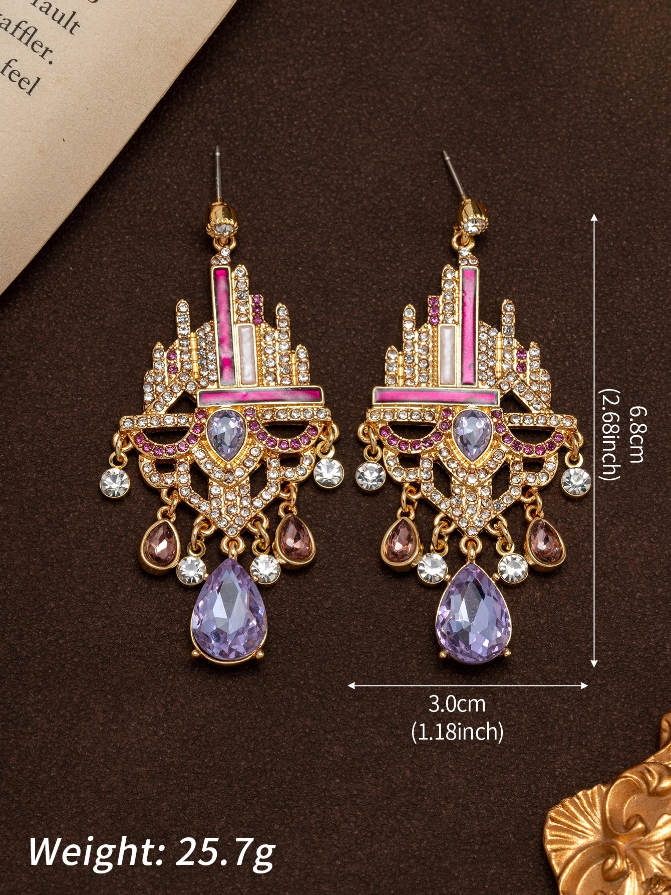A Pair of Fashionable Ancient Castle-Style Heavy-Duty Tassel Earrings with Purple Diamond, Rose Red Enamel, and Full Diamond Teardrop Gemstones, Suitable as Court Banquet Dress Accessories and Gifts