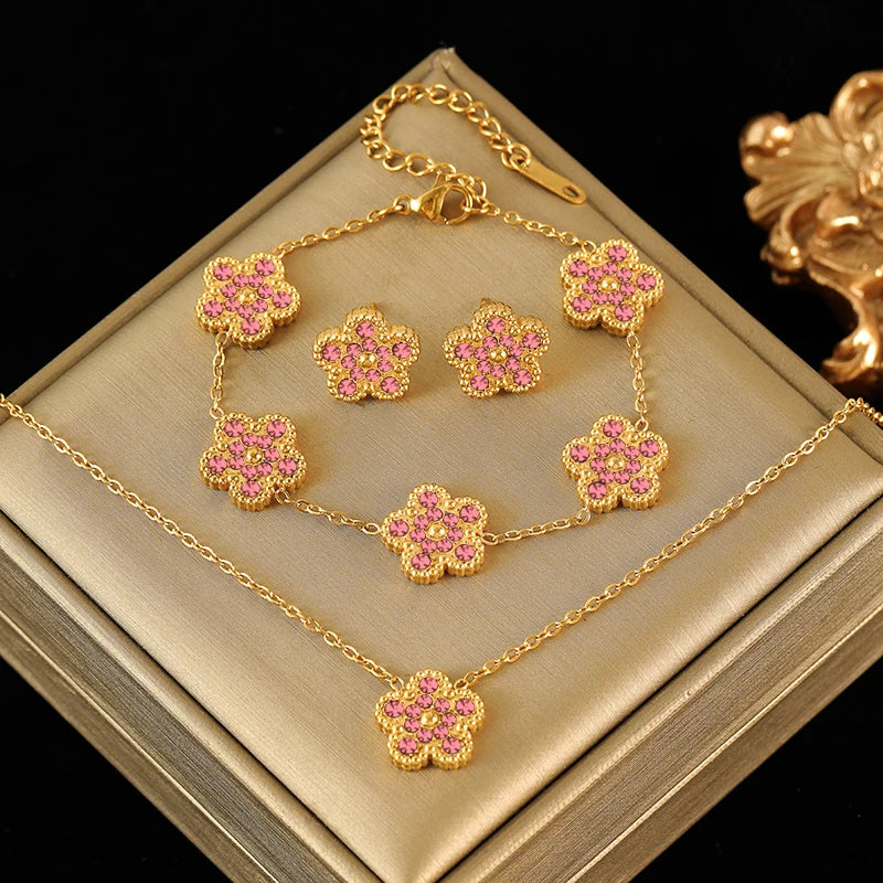 EILIECK New Fashion Stainless Steel Pink Zircon Clover Necklace Bracelet Earrings Set For Women Trendy Flower Jewelry Set Gift