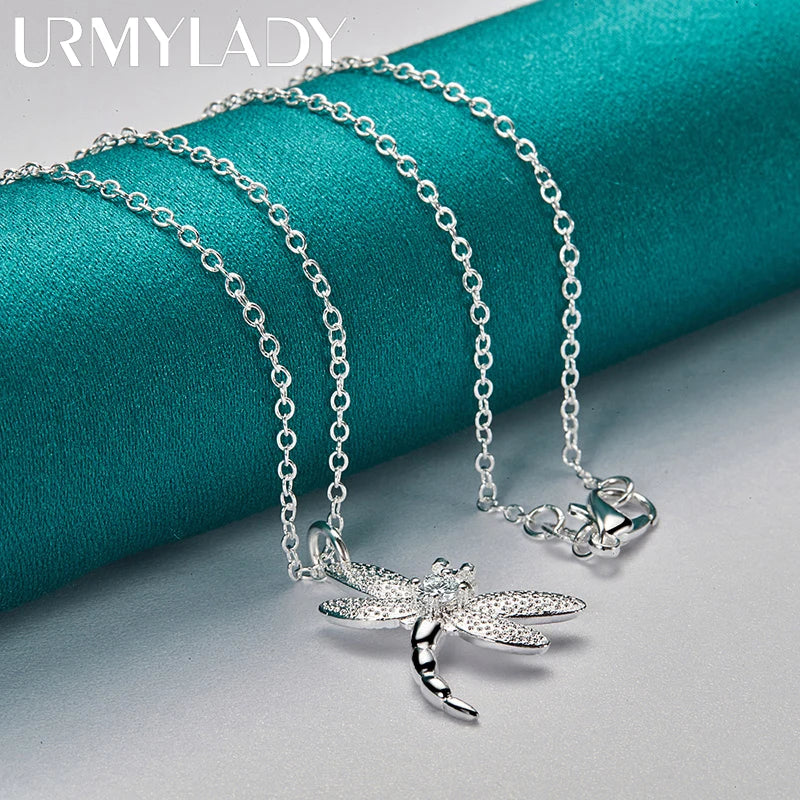 URMYLADY 925 Sterling Silver Dragonfly Pendant Necklace for Women Wedding Charm Engagement Fashion Jewelry