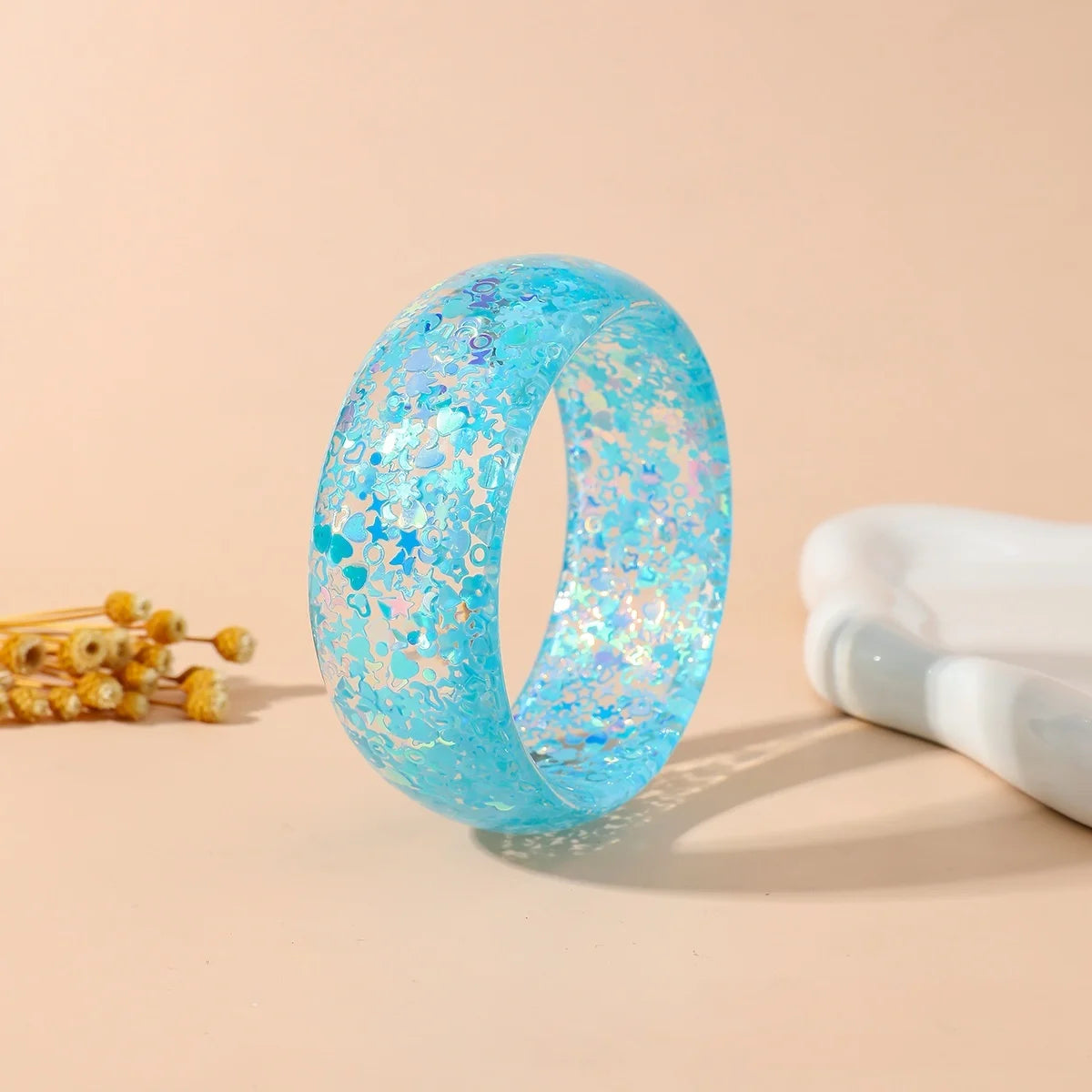 KMVEXO Trendy Personality Star Heart Sequin Acrylic Bangle for Women Statement Resin Cuff Wide Bracelet Daily Jewelry Gift