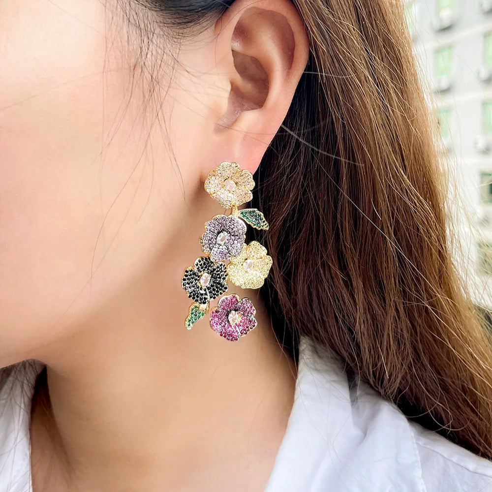 ThreeGraces Beautiful Cubic Zirconia Long Multicolor Flower Dangle Drop Earrings for Women Trendy Wedding Party Jewelry ER846