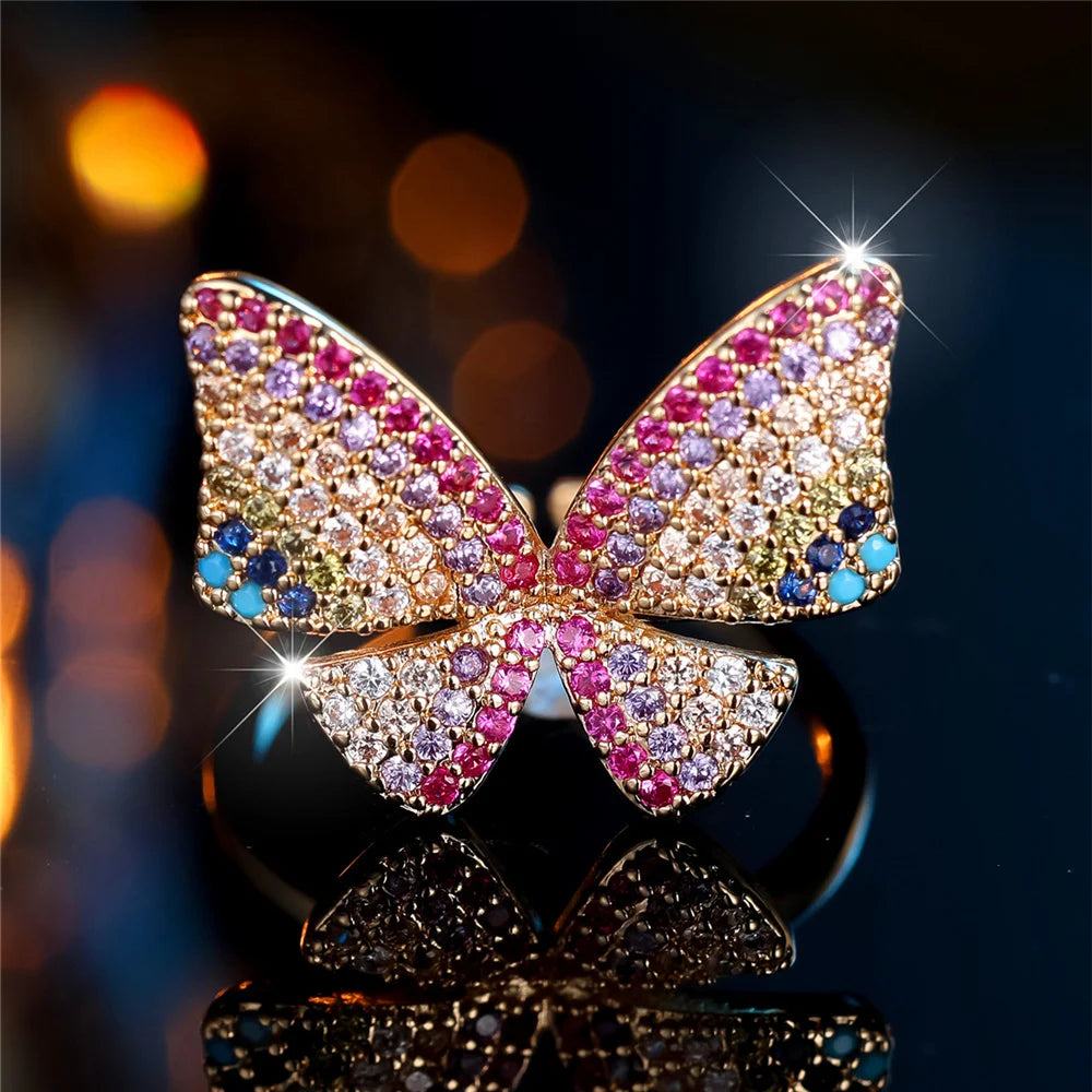 Charm Female Rainbow Butterfly Stone Adjustable Open Ring Gold Silver Color Cute Gift Wedding Jewelry For Women