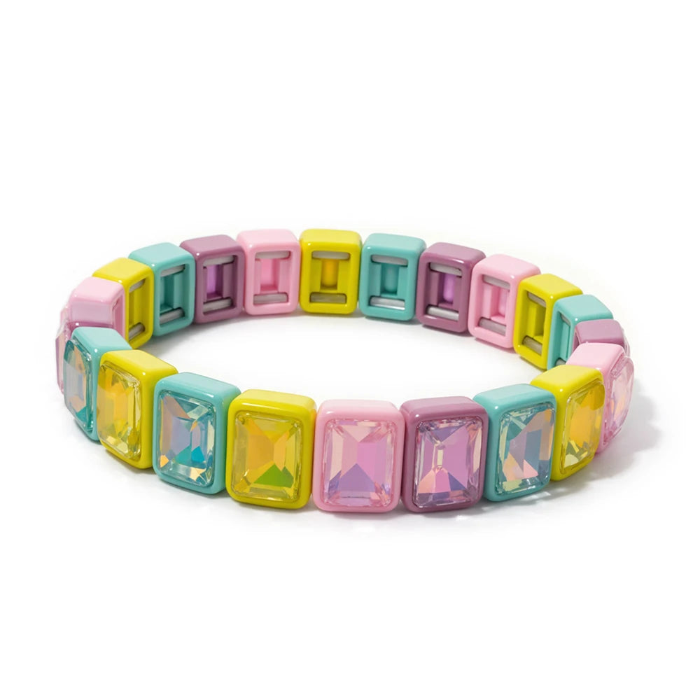 8x10mm Zirconia Enamel Bangle For Women Handmde Rainbow Color Elastic Beaded Bracelets