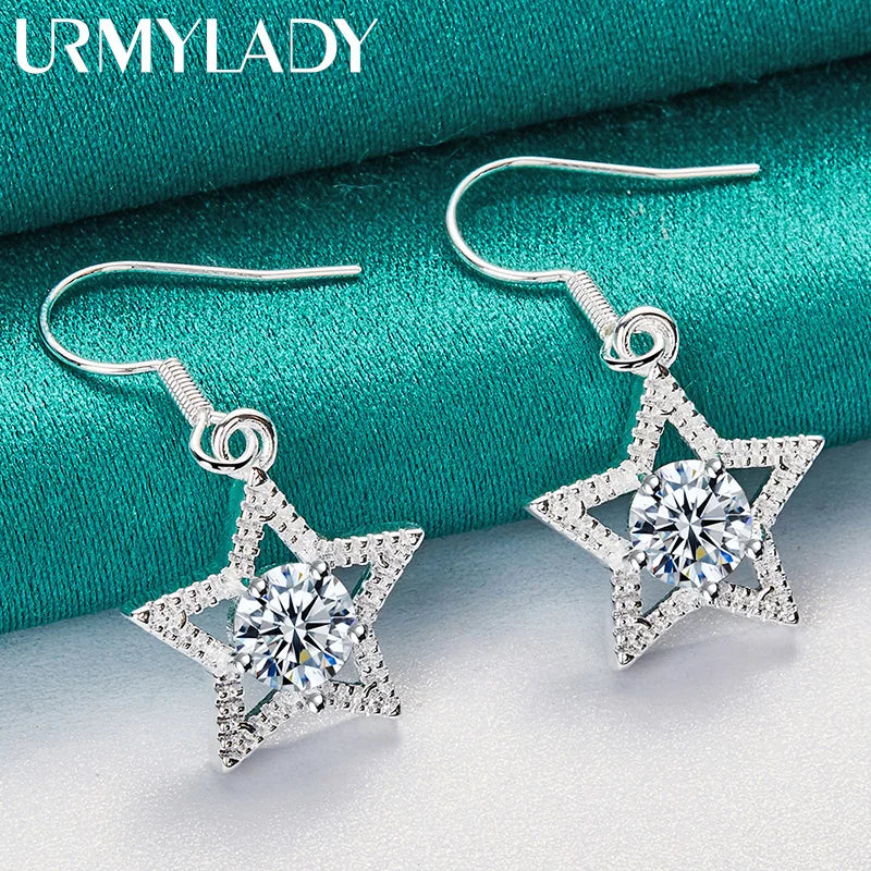 URMYLADY 925 Sterling Silver Star Zircon Earrings Eardrop for Women Fashion Charm Wedding Engagement Jewelry
