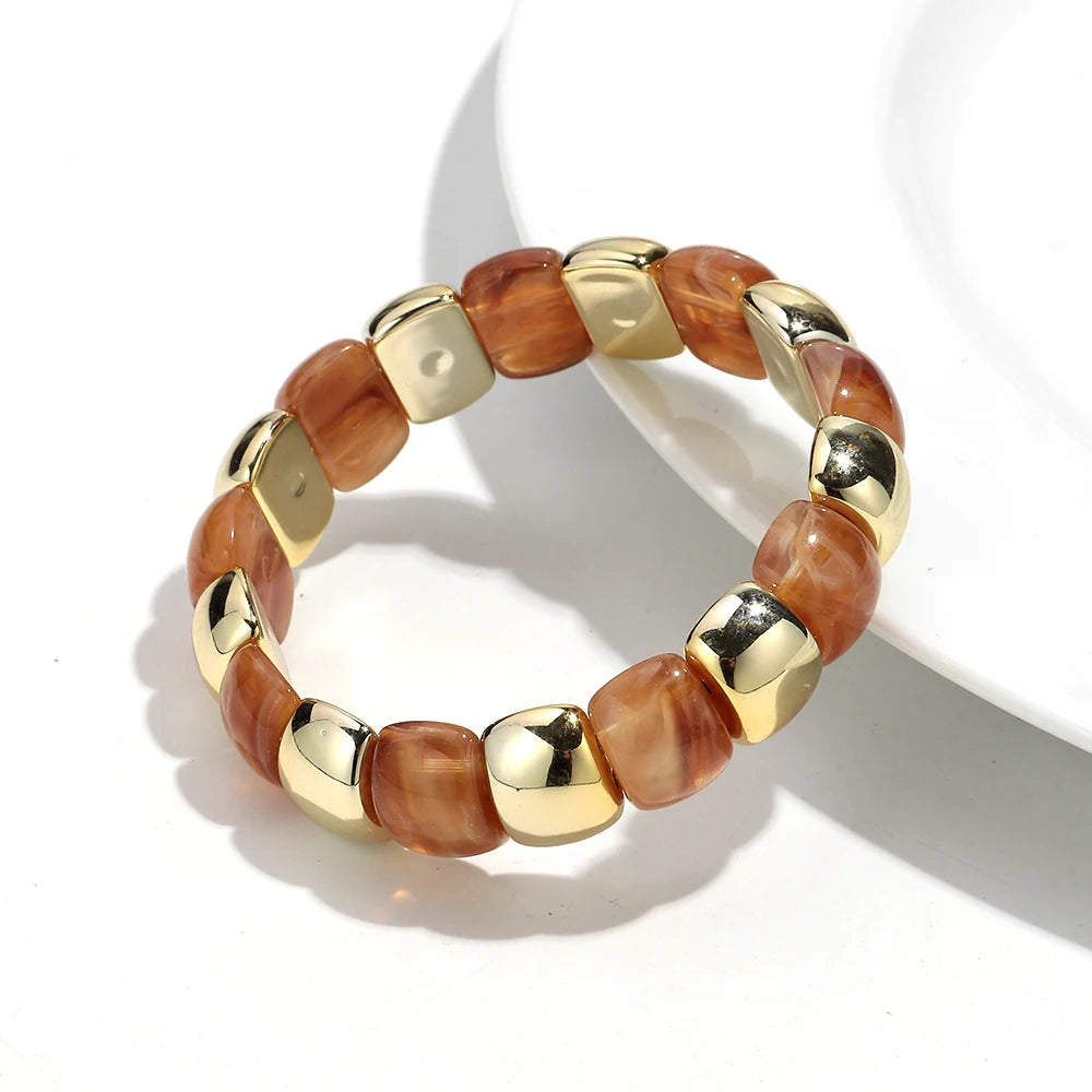 Vintage Acrylic Coloful Geometric Beads Elastic Bangle Bracelets Fashion Resin Golden CCB Bead Stackable Bracelet Women Jewelry