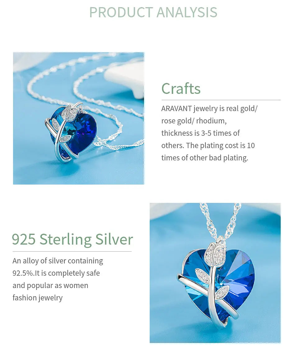 ZDADAN 925 Sterling Silver Rose Flowers Blue Heart Crystal Necklace For Women Fashion Jewelry