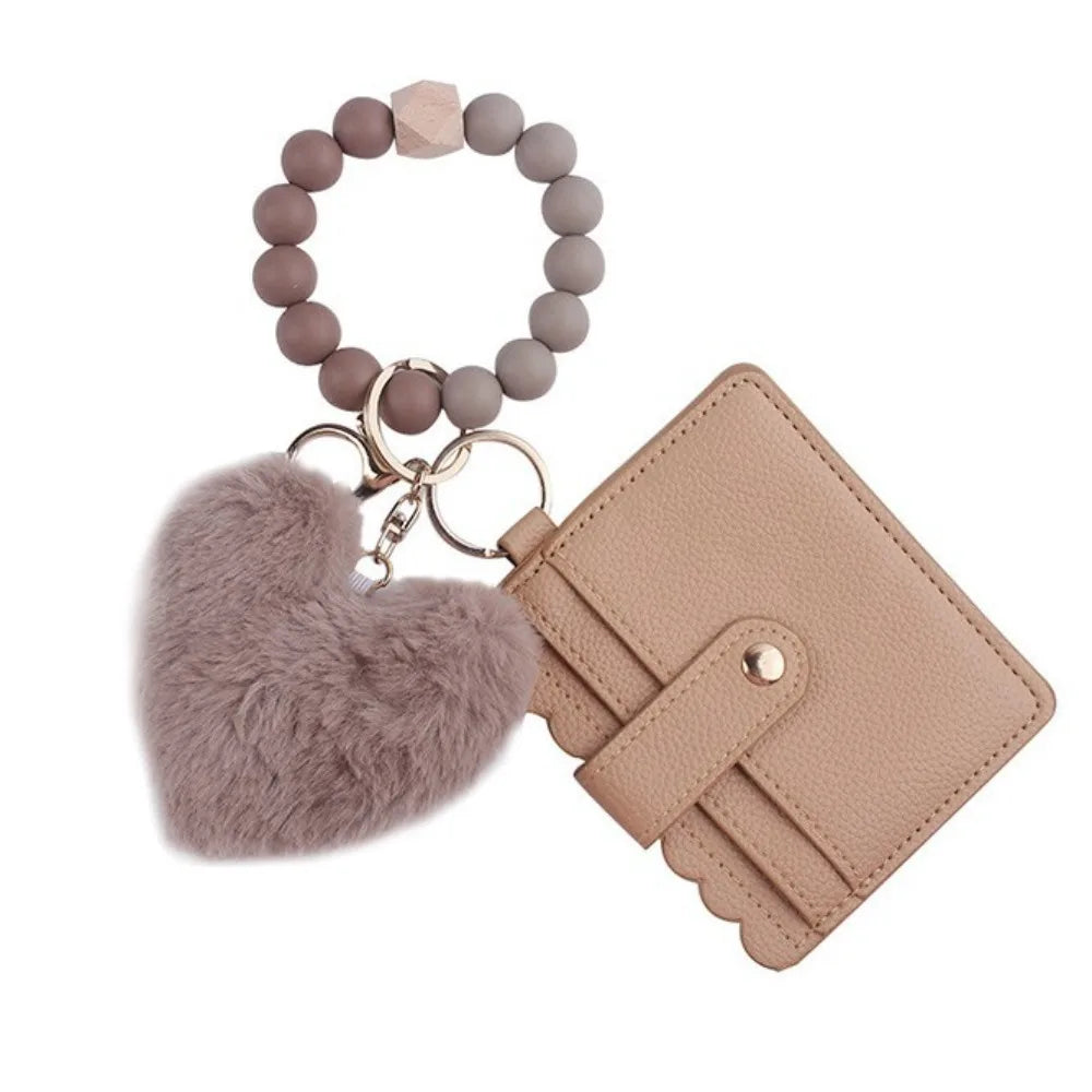 Solid Leather Leather Card Bag Keychain Tassel Design Silicone Beaded Wristlet Keychain Keychain Feature Wristlet Style