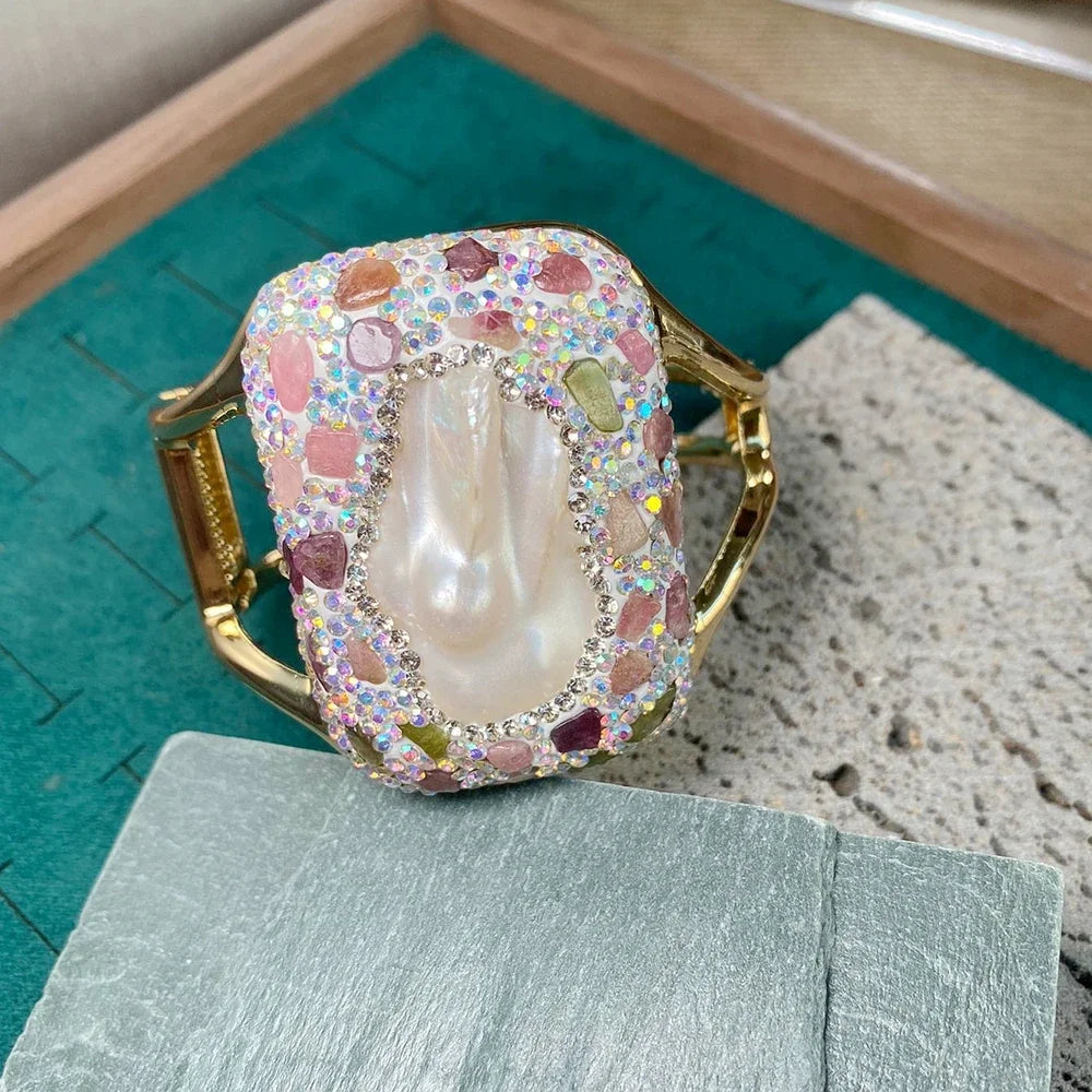 Raw Baroque Freshwater Pearl Open Bangle Women Natural Tourmaline Crystal Cuff Bracelet AB Color Rhinestone Fashion Jewelry