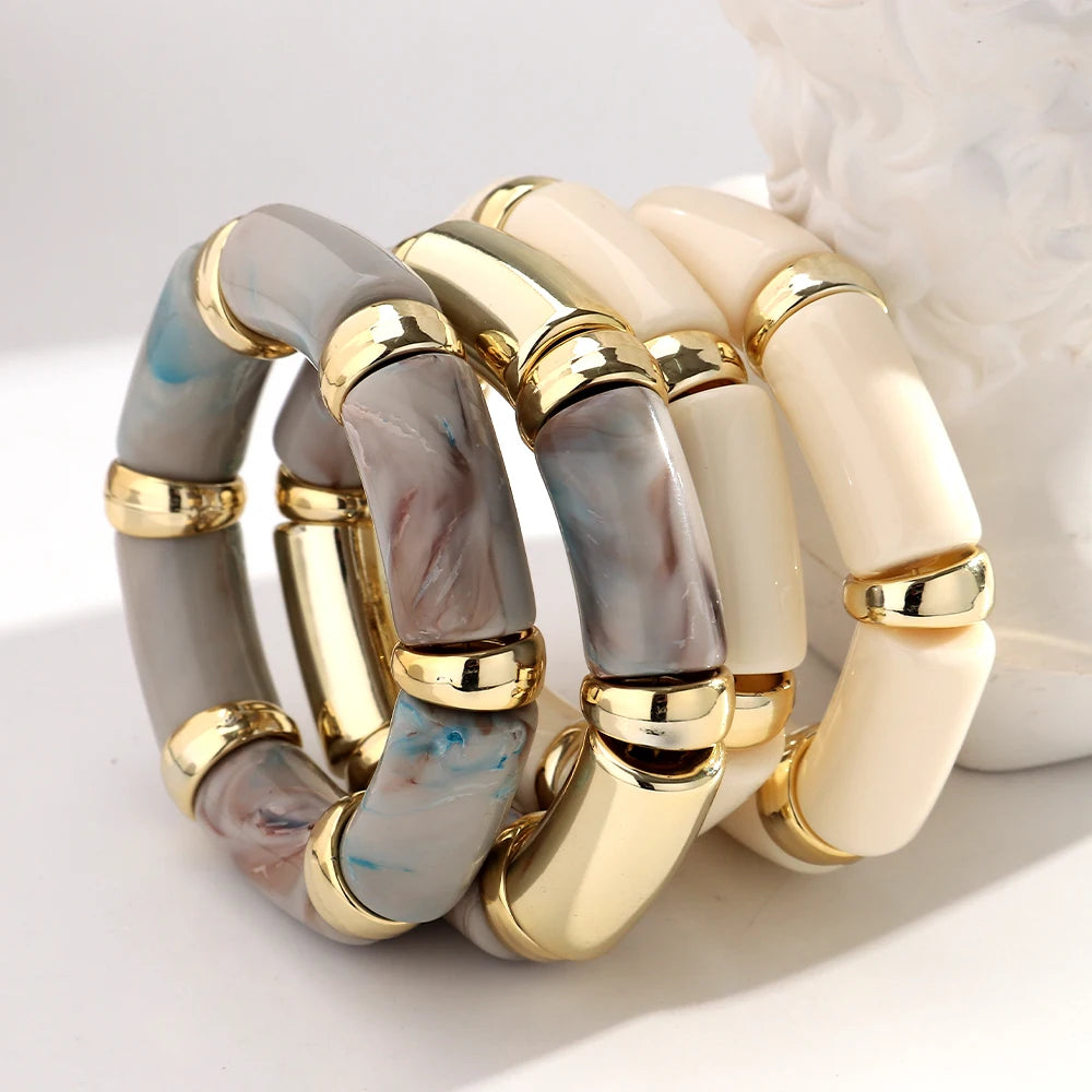 3pcs Fashion Chunky Tube Beaded Elastic Bangle Bracelets Acrylic Marbled Geometric Curved Beaded Bracelet Vintage Jewelry Gifts