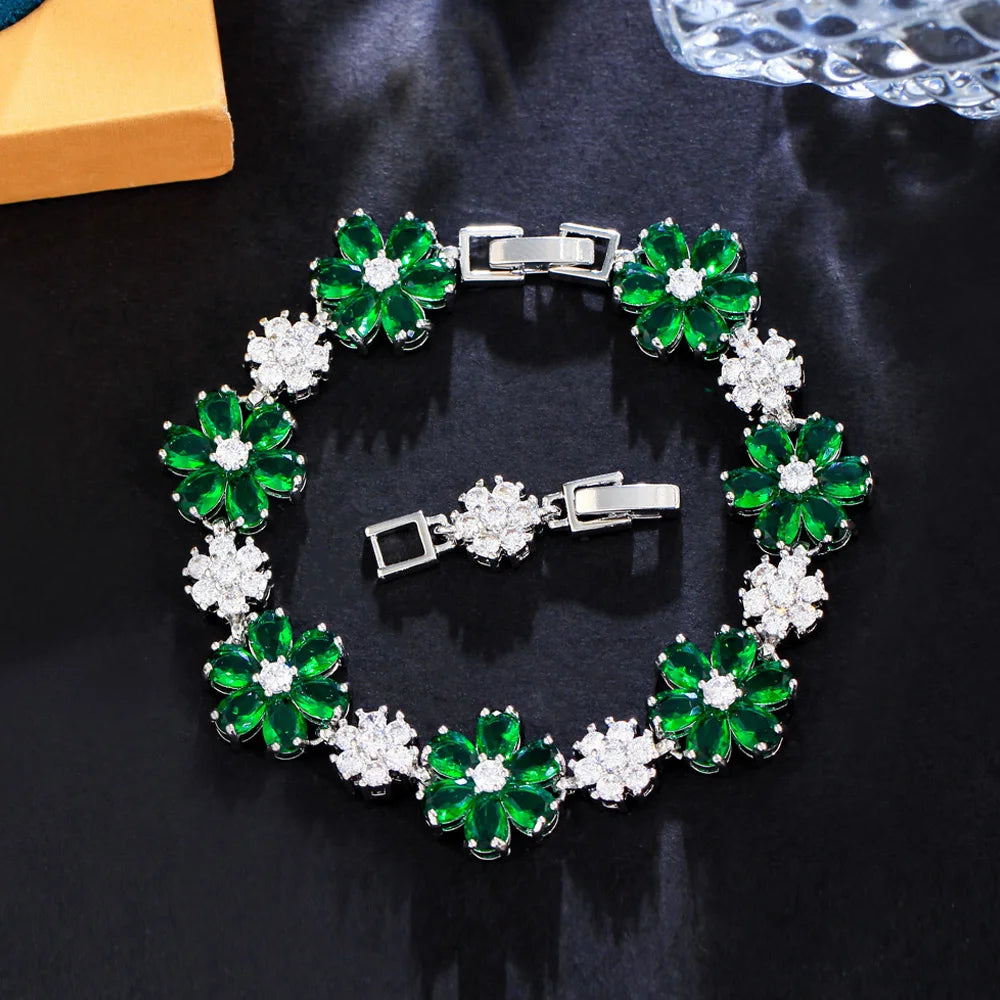 ThreeGraces High Quality Green Cubic Zirconia Gold Color Flower Link Chain Bracelet for Women Fashion Dubai Party Jewelry BR294