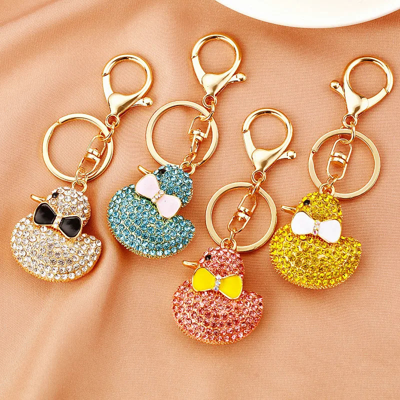 Creative rhinestone cute big yellow duck car keychain women's bag pendant metal key chain ring festival gift wholesale