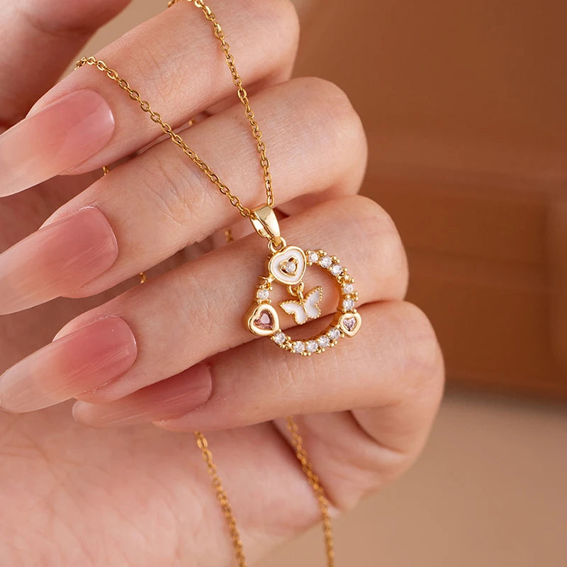 ANENJERY 316L Stainless Steel Flower Butterfly Shell Pendant Necklace For Women Delicate Elegant Fashion Jewelry Gifts Wholesale