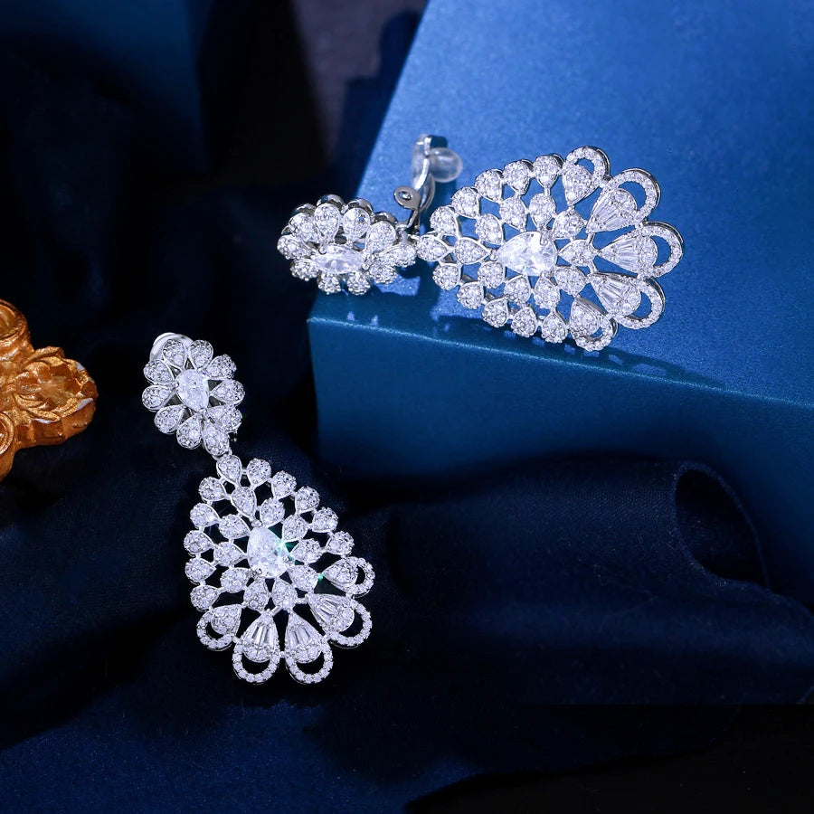 ThreeGraces New Fashion Shiny Cubic Zirconia Long Big Bridal Party Clip On Earrings for Women Luxury Banquet Jewelry EJ0109