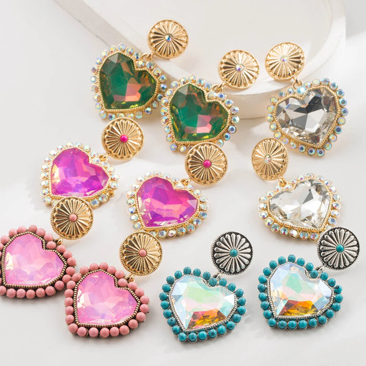 New Retro Ethnic Style Inlaid Glass Diamond Turquoise Circular Heart Pendant Earrings For Women's Long Earrings