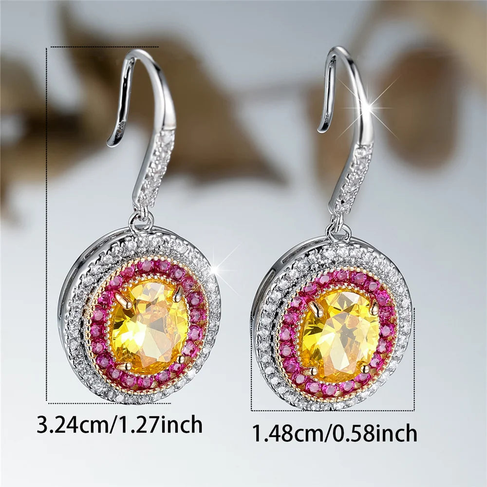 Luxury Female Big Yellow Oval Zircon Stone Drop Dangle Earrings Cute Silver Color Party Jewelry For Women
