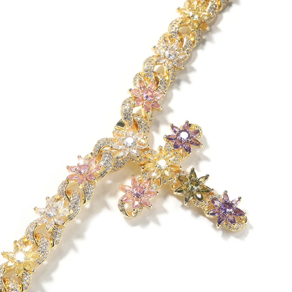 Colorful Flower Cross Charms Cuban Chain Full Pave Iced Out Baguette Cubic Zirconia HipHop Jewelry Unisex Gift For Men Women