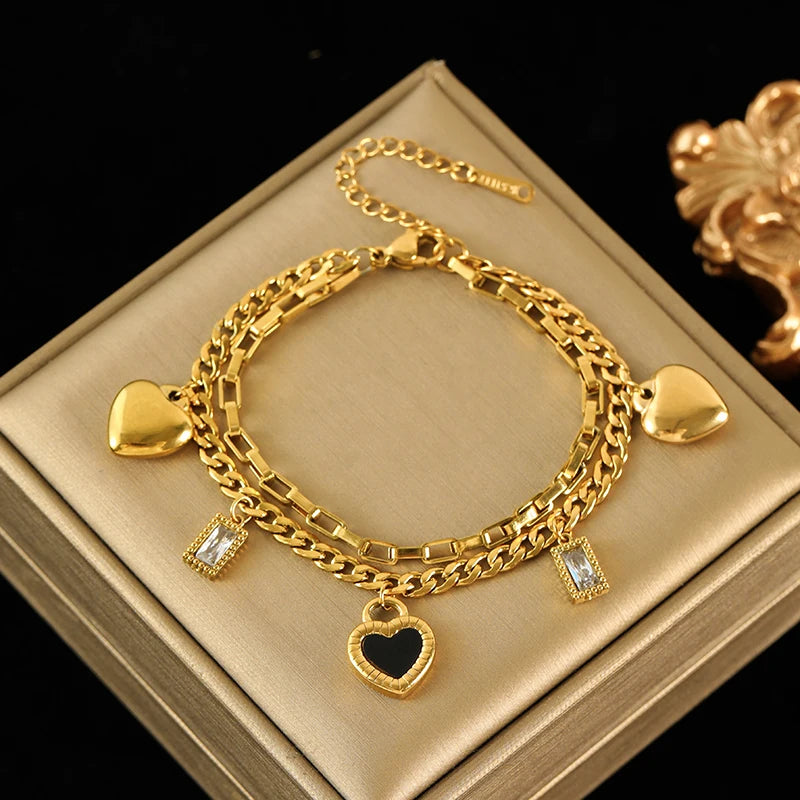 EILIECK Stainless Steel Reversible Heart Charm Bracelet For Women Trendy 18K Gold Plated Waterproof Wrist Chain Jewelry Gift