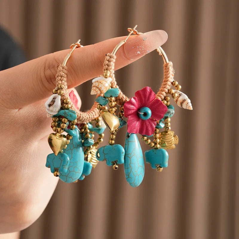 NISHIZAWA Bohemian Stones Earrings for Women Flowers Tassels Fashion Jewelry Elegant Beach Style Retro Aretes De Mujer