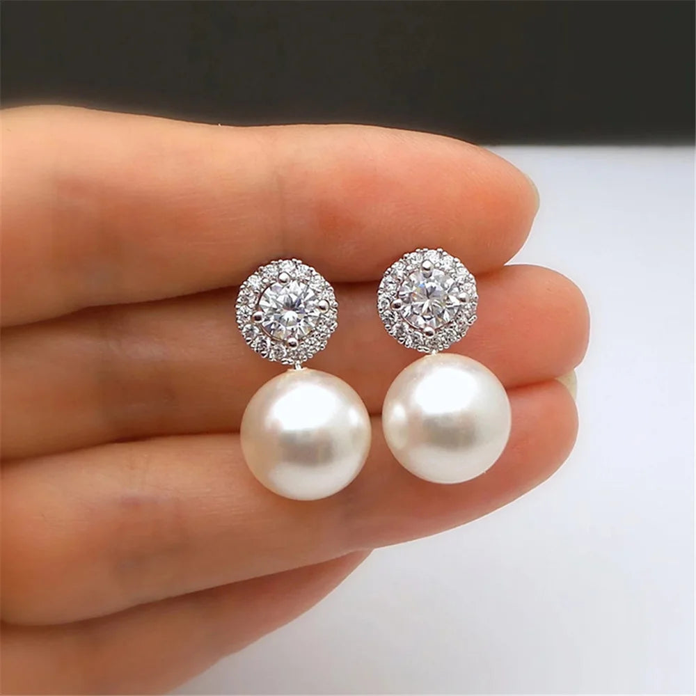 Cute Female Stone White Zircon Pearl Stud Earrings Silver Color Wedding Jewelry For Women