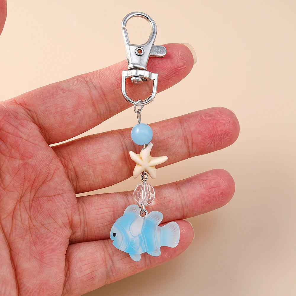 Aihua Lovely Pearl Starfish Small Fish Keychain For Summer Beach Kids Girls Cute Handbag Pendants Key Rings Jewelry Gifts