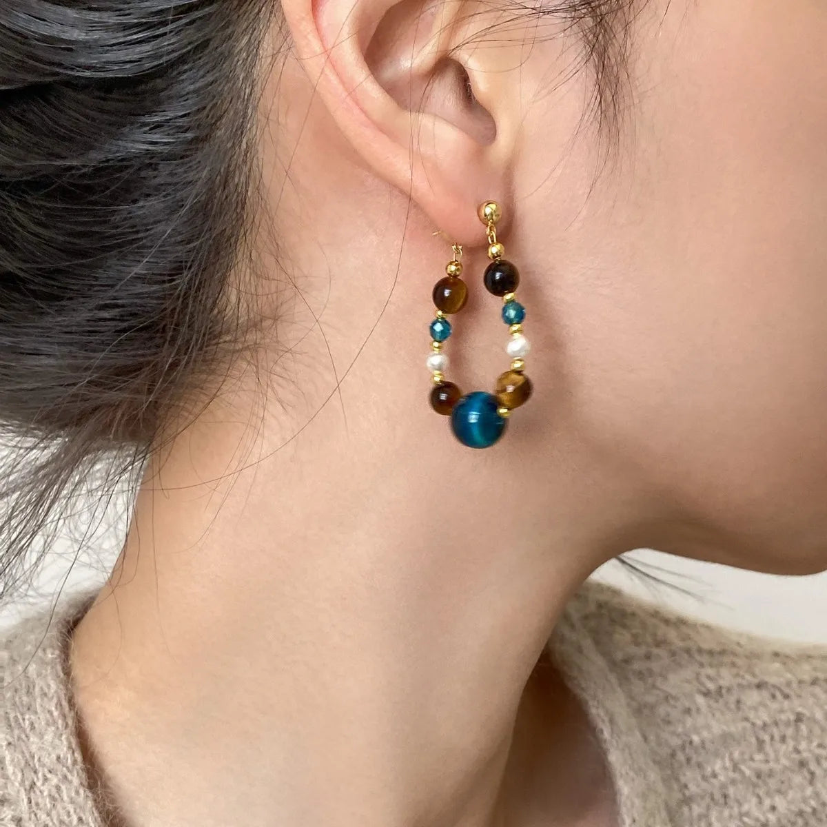 Fashion Retro Tigereye Stone Beads Earrings For Womem Vintage Ethnic Style Round Geometrics Earring Casual Party Jewelry Gift
