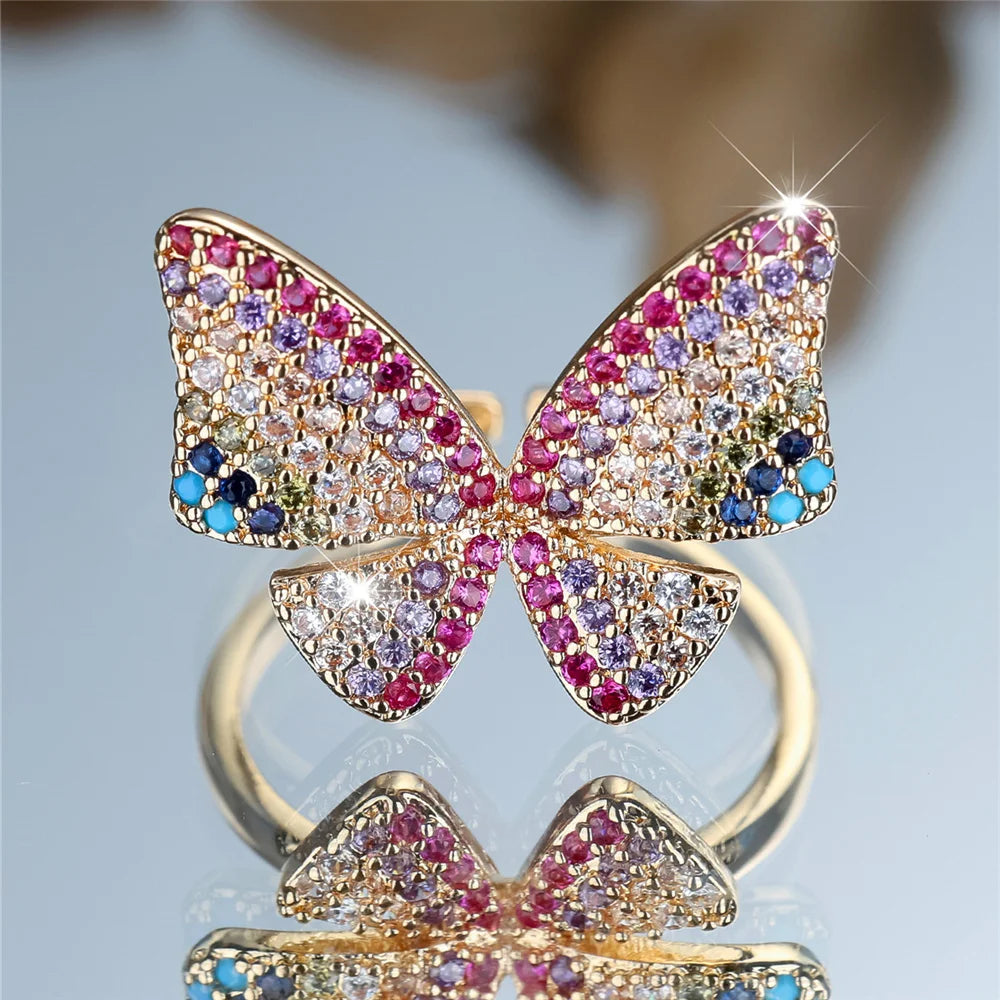 Charm Female Rainbow Butterfly Stone Adjustable Open Ring Gold Silver Color Cute Gift Wedding Jewelry For Women
