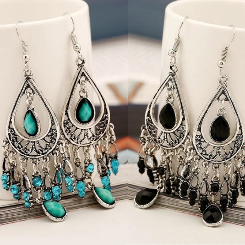 Bohemian Ethnic Style Antique Silver Color Alloy Hollow Acrylic Resin Gems Water Droplet Tassel Earrings Women Vacation Jewelry