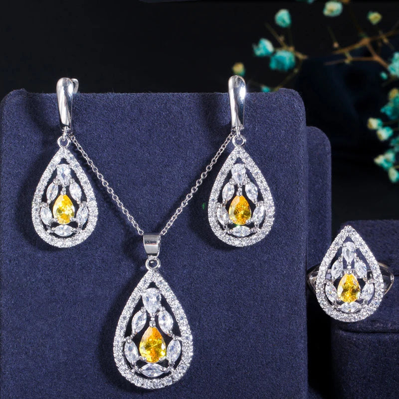 ThreeGraces Shining Red Zirconia Water Drop Shape Earring Necklace Ring Fashion Bridal Party Jewelry Set for Women JS554