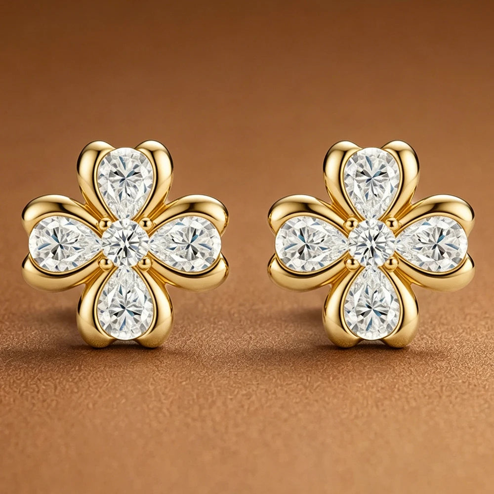 18K Gold Plated 2.52cttw All Moissanite Stud Earring For Women Pear/Round Cut Diamond 925 Sterling Silver Flower Wedding Jewelry