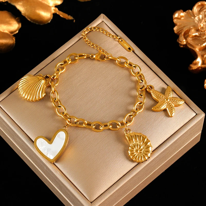 EILIECK 316L Stainless Steel Metal Starfish Shell Seahorse Bracelet For Women Trendy Wrist Chain Waterproof Beach Jewelry Gift