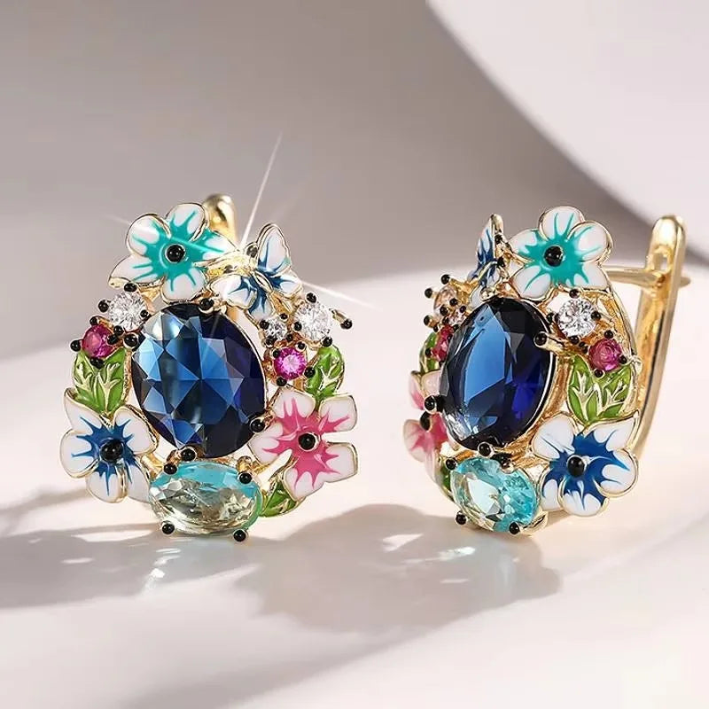 1pair Women Gold Color Hoop Earrings Aesthetic Colorful Enamel Flower Design Wedding Party Accessories Trendy Jewelry with CZ