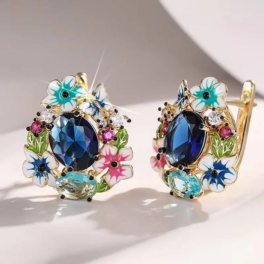 1pair Women Gold Color Hoop Earrings Aesthetic Colorful Enamel Flower Design Wedding Party Accessories Trendy Jewelry with CZ
