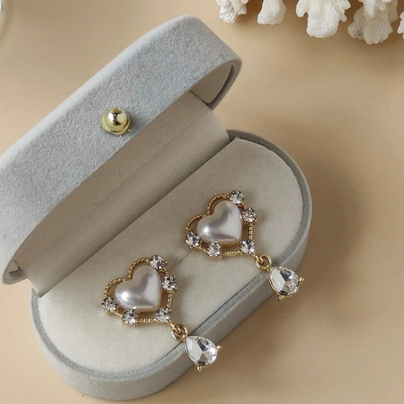 Huitan Sweet Heart Imitation Pearl Drop Earrings with Waterdrop Cubic Zirconia Gold Color Temperament Accessories for Women