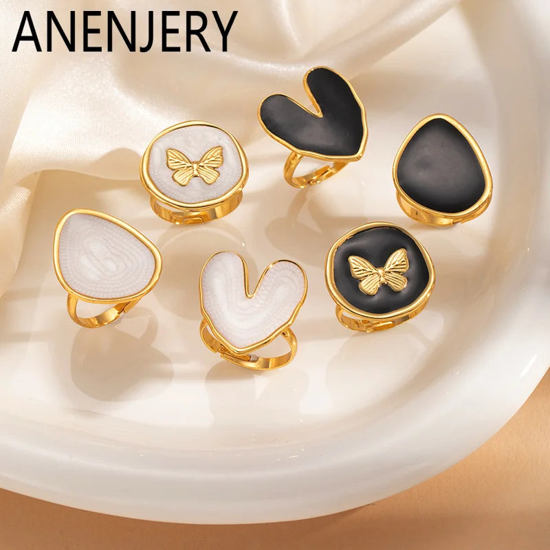 ANENJERY 316L Stainless Steel Geometric Circular Heart Waterdrop Enamel Ring For Women Luxury Temperament Fashion Jewelry Gifts