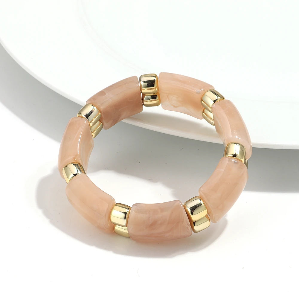 Vintage Acrylic Marbled Elastic Beads Bangle Bracelets for Women Fashion Golden CCB Round Beaded Cuff Bracelet Jewelry Gifts