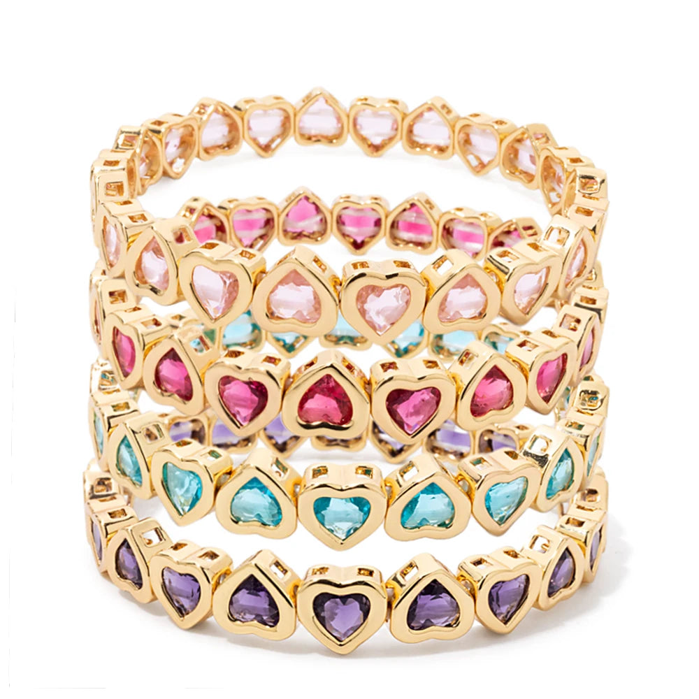 New Copper Heart Beads Gold Color Bracelets for Women Colorful Rhinestone Girl Bangle 2025