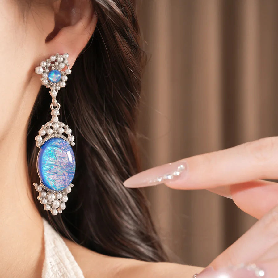 Imitation Pearl Necklace Drop Earrings Oval Shaped Pendant Necklace Earring Women's Fashion Rhinestone Party Jewelry Set  K