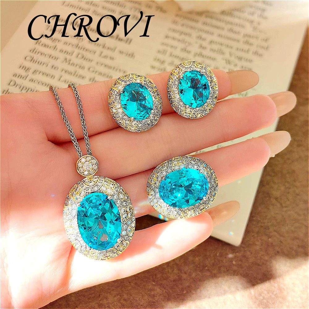 Luxury-Style 925 Sterling Silver Two-Colored Pendant Necklace Stud Earrings White Diamond Ring Gemstone Set