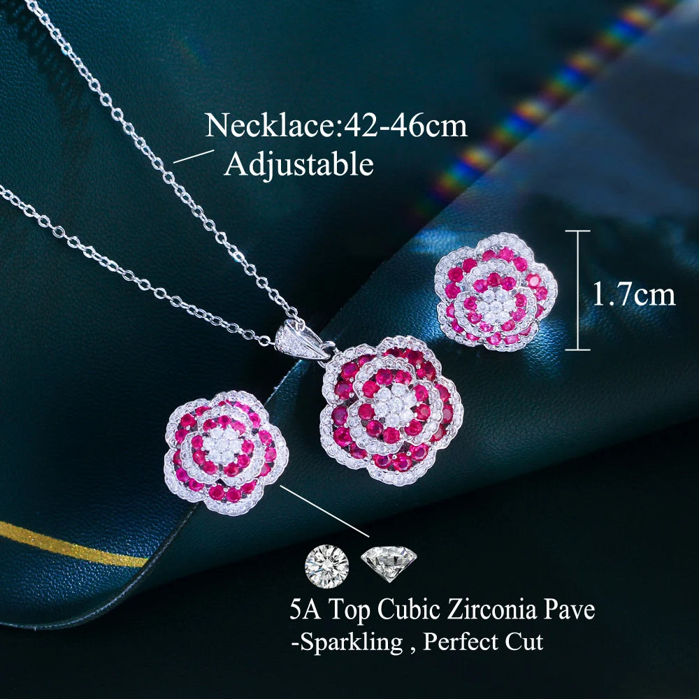 ThreeGraces Elegant Rose Red Cubic Zirconia Unique Flower Pendant Necklace and Stud Earrings Party Jewelry Set for Women JS715