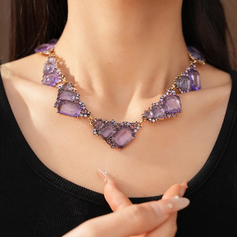1 Pcs Purple Square Rhinestones Chokers Necklaces Retro Shiny Geometric Drop Earring Luxury Jewelry Set Gifts Wedding Party N