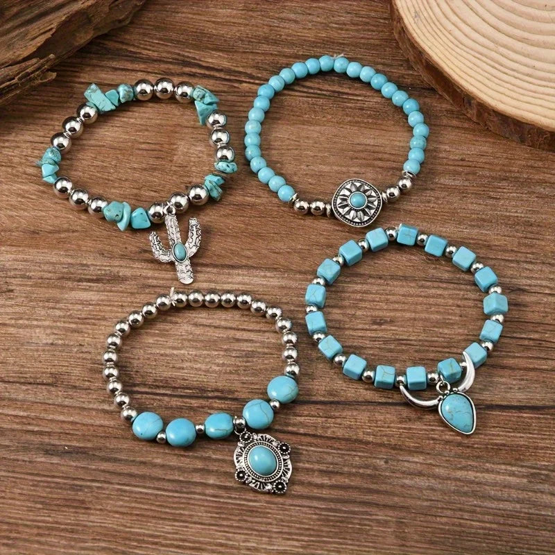 Bohemian Style Bead Bracelet with Cow's Head Geometric Inlay Imitation Turquoise Fashion Combination Jewelry Accessories