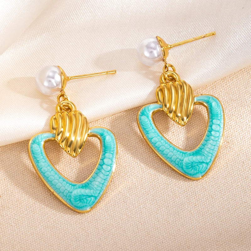 ANENJERY 316L Stainless Steel Hollow Heart Imitation Pearls Stud Earrings For Women Luxury Niche Temperament Simple Jewelry Gift