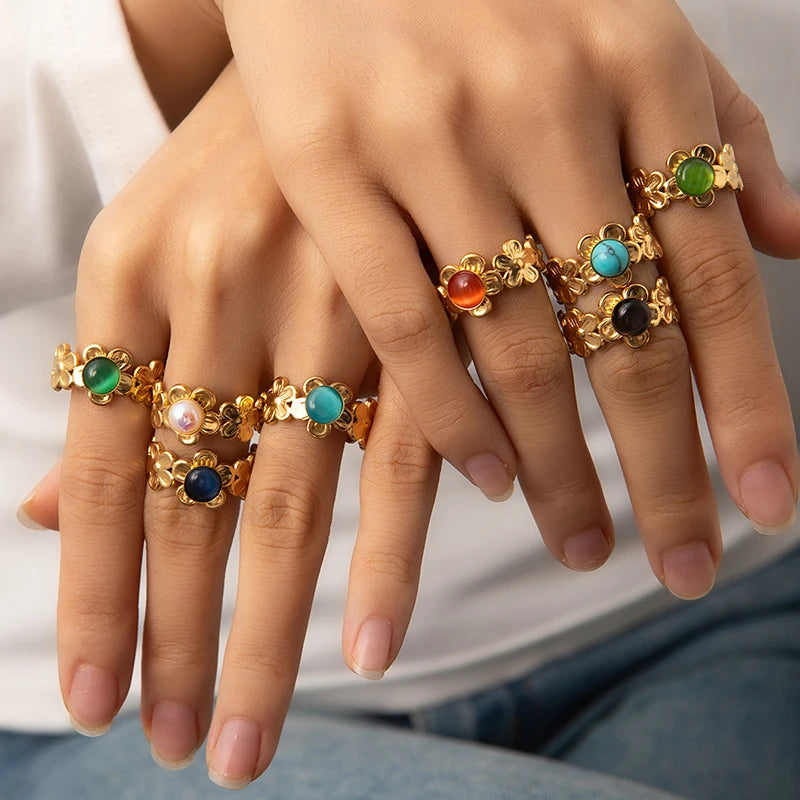 ANENJERY 316L Stainless Steel Flower Inlaid Colorful Stone Open Ring for Women Men Beauty Delicate Jewelry Gifts Wholesale