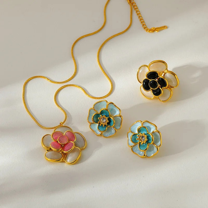 EILIECK 316L Stainless Steel Colorful Enamel Flower Necklace Earrings Ring Set For Women Trendy Waterproof Jewelry Lady Gift