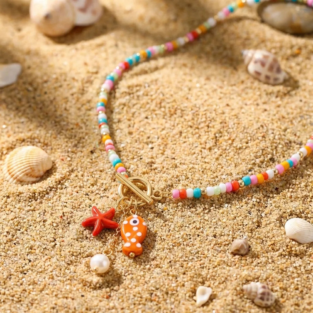 HOT Bohemian Sea-Inspired Ceramic Fish & Starfish Pendant Necklace with 4mm Synthetic Turquoise Beads, Lightweight Beach Jewelry