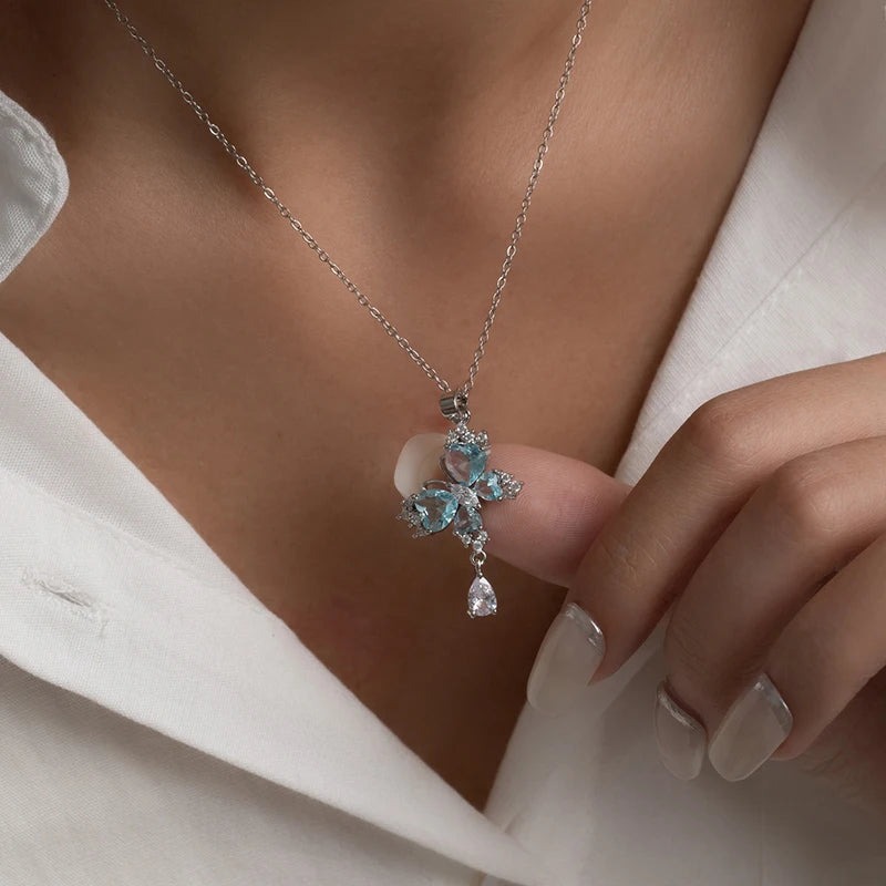 ANENJERY 316L Stainless Steel Blue Zircon Butterfly Necklace For Women Girls Glamorous Delicate Jewelry Gifts Wholesale Party