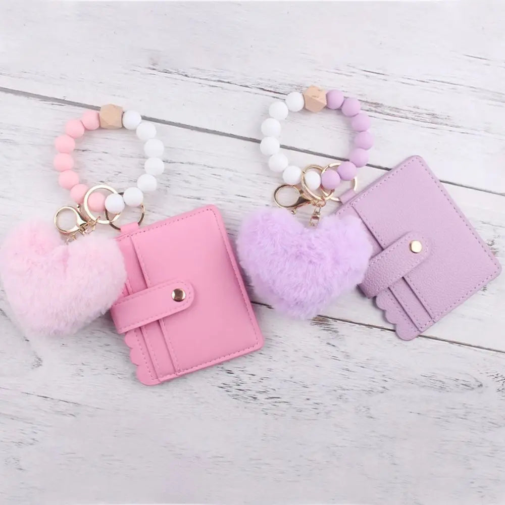 Solid Leather Leather Card Bag Keychain Tassel Design Silicone Beaded Wristlet Keychain Keychain Feature Wristlet Style